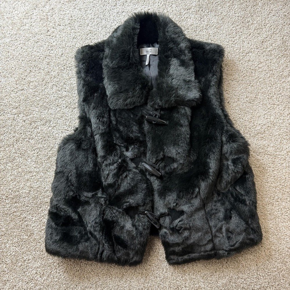 Y2K Metro7 Vest Womens Large Black Faux Fur Toggle Collared Lined Plush Sherpa